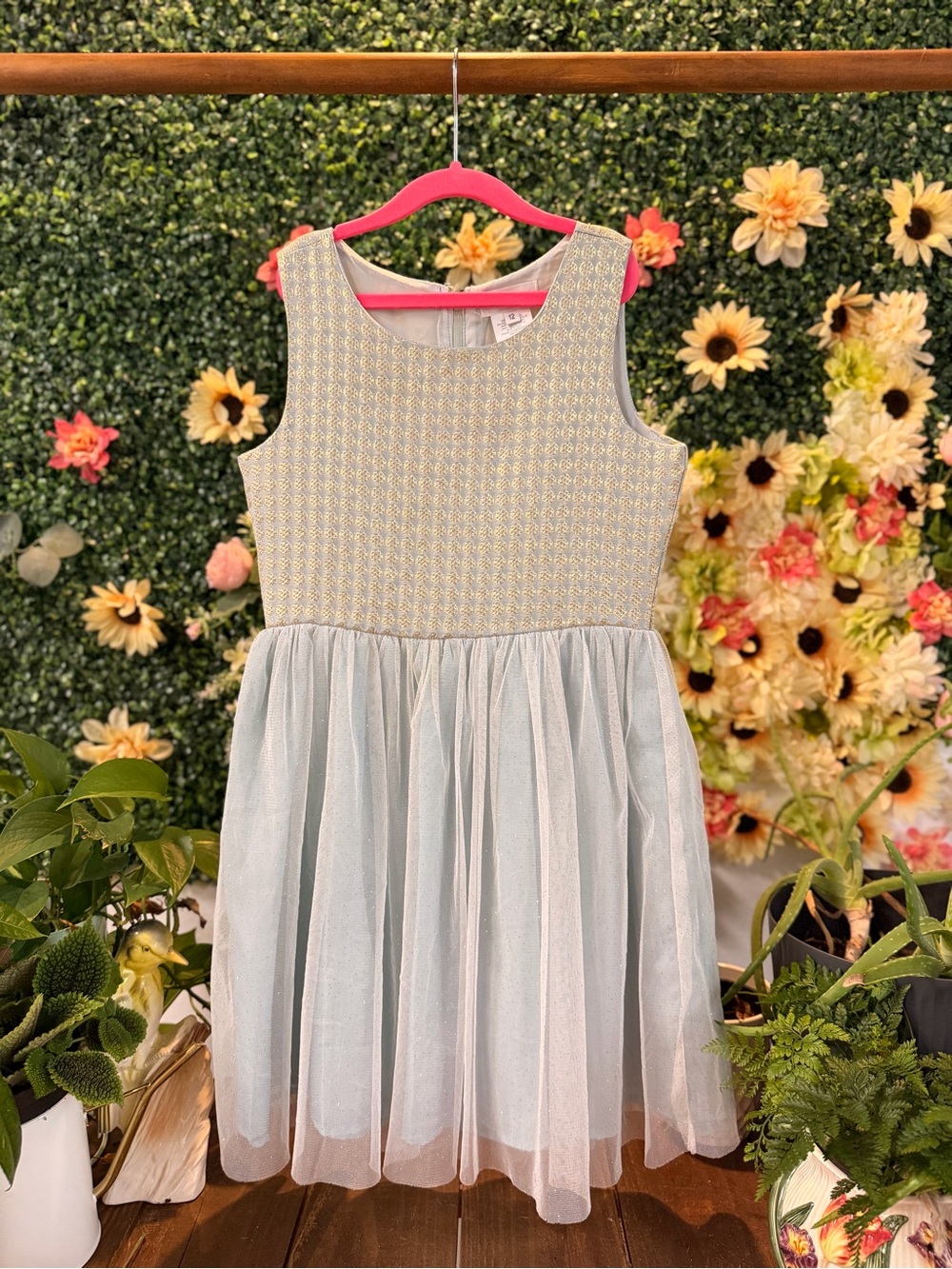 Light Blue Girls' Sleeveless Tulle Party Dress with Patterned Bodice